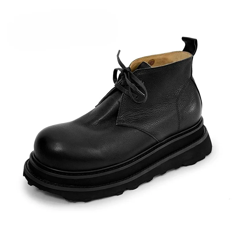 Autumn Winter Platform Boots Men's Genuine Leather Thick Sole Round Toe Casual Outdoor Work Chelsea Ankle Boots Male Snow Boots