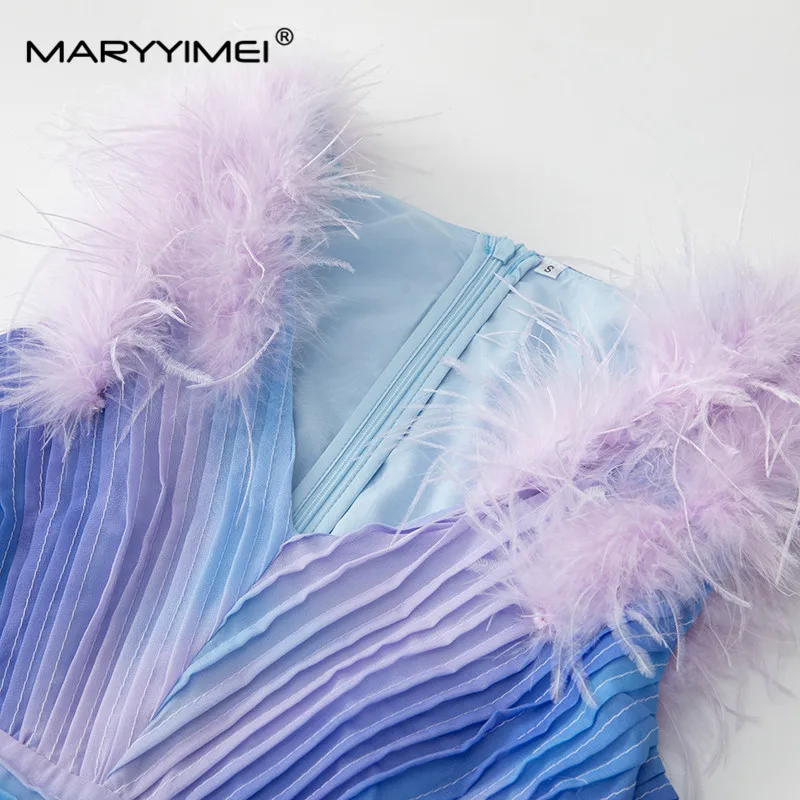 Maryimei Fashion Designer Summer women's Dress con scollo a v Feather senza maniche Beach vacation abiti pieghettati