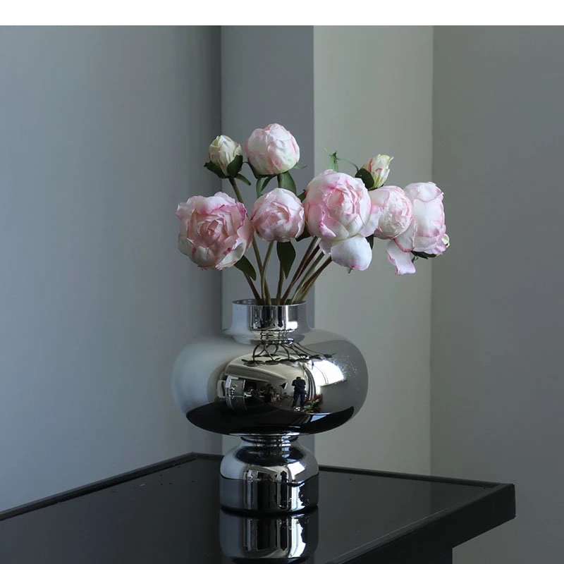 Tower Shape Silver Glass Vase Desk Decoration Crafts Porcelain Flowers Pots Flower Arrangement Modern Home Decor Floral Vases