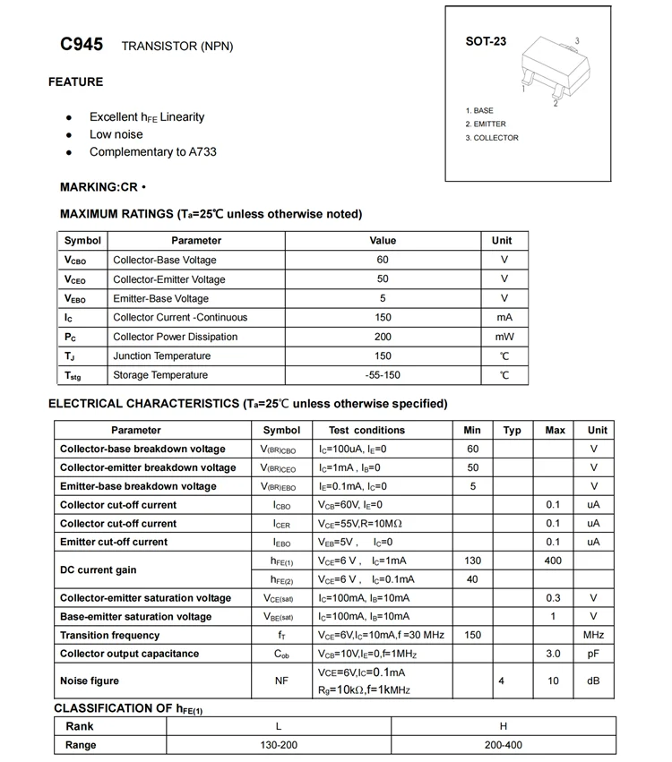 3000PCS A733 C945 CS CR SOT23 NPN PNP 50V 150mA SMD Transistoren 2SC945 2SA733 C945LT1 A733LT1 – Detail 2