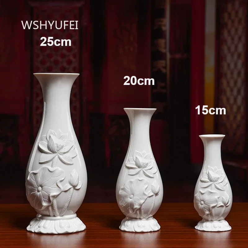 Ceramic Relief Lotus Flower Vase Chinese Bodhisattva Pure Water Bottle Household Altar Decorative Ornaments Buddhist Supplies