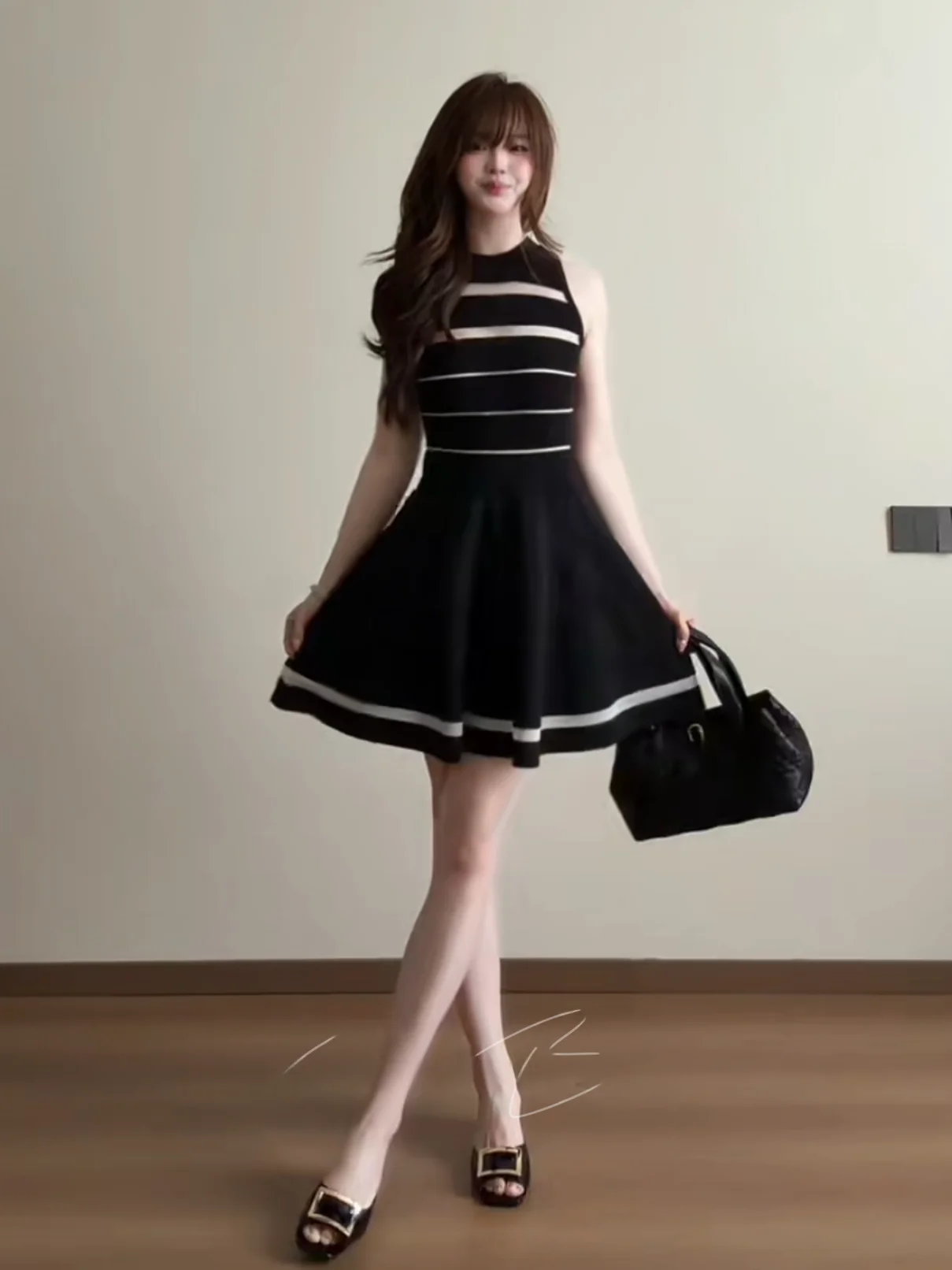 Elegant Sleeveless Hollow out Waist-Cinching Stripe Color Block Short Dress Women's Fashion Summer Casual Other Material Dress