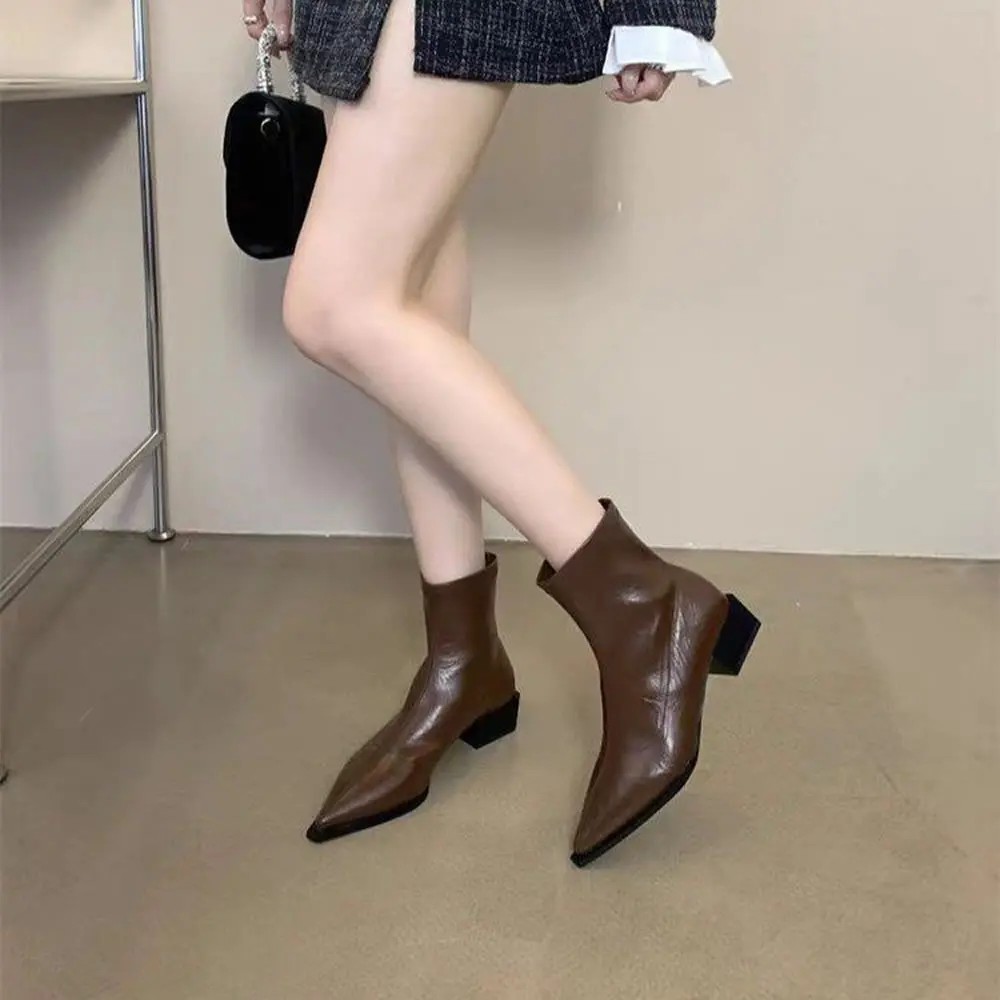 

Faionable женские ботинки до середины икры, весенне-осенние сезонные эластичные ботинки для похудения из искусственной кожи, ботинки с острым носком на массивном каблуке