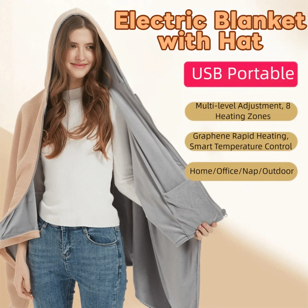 

Soft Zippered Electric Blanket with Hat 3 Heat Levels Washable Warm Heating Scarf Foldable Adjustable USB Heated Shawl