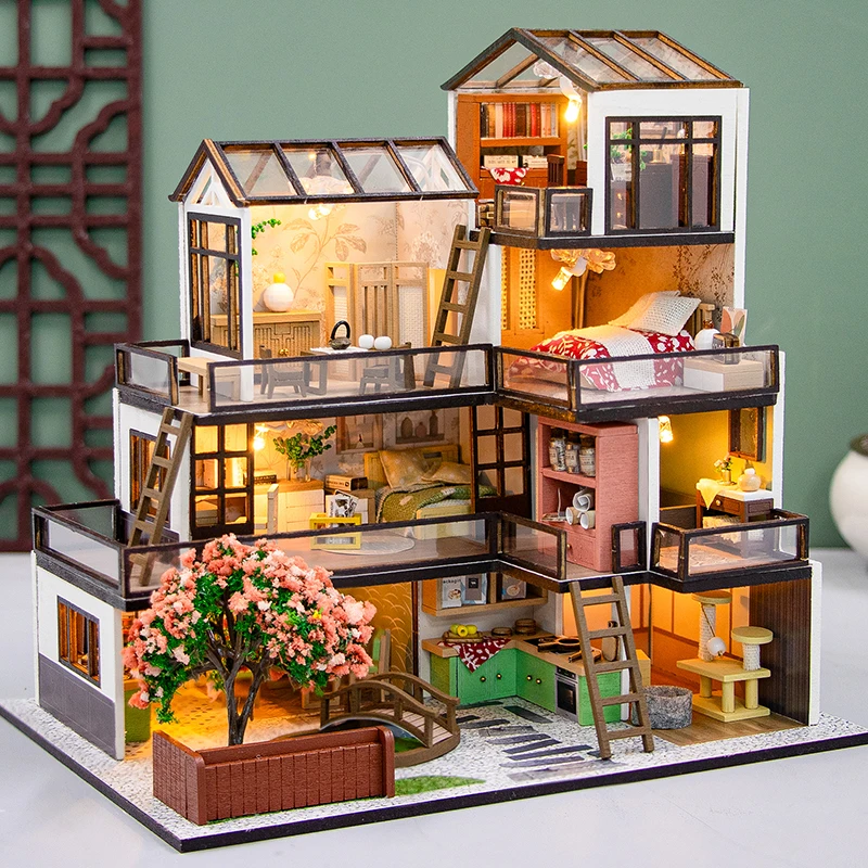 NOWOŚĆ DIY Drewniany zestaw miniaturowych modeli Dream Town Casa Domy dla lalek 3D Puzzle Domek dla lalek z meblami dla przyjaciół Prezenty świąteczne