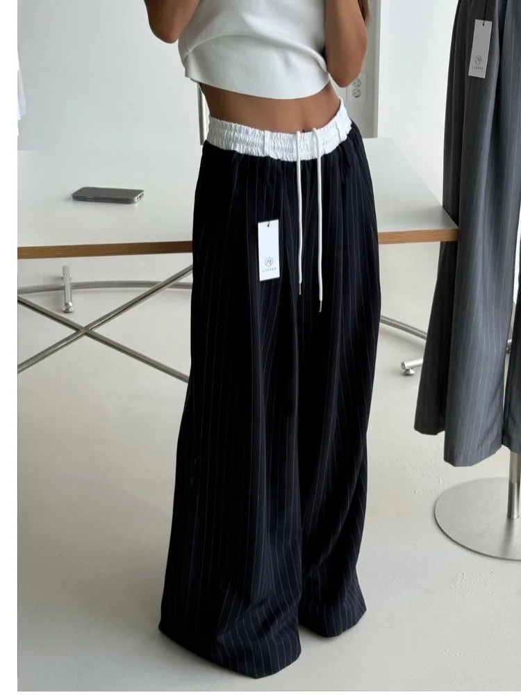 Fashionable Korean Style Wide Leg Pants Striped Drawstring Suit Trousers Women Casual Loose Comfortable Design Sensation