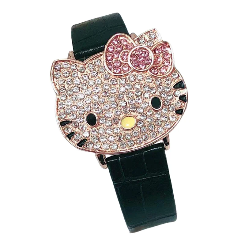 Miniso Anime Cartoon Sanrio Hello Kitty Head Silicone Diamond Quartz Girls Student Watch Kids Leather Belt Watch Birthday Gifts