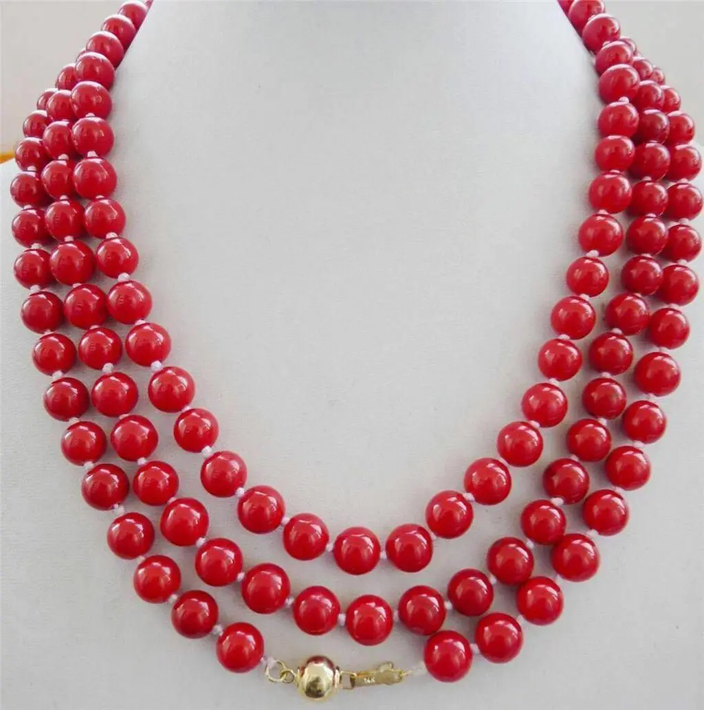 

NEW 14K natural 8mm red coral necklace 48" Gold Clasp