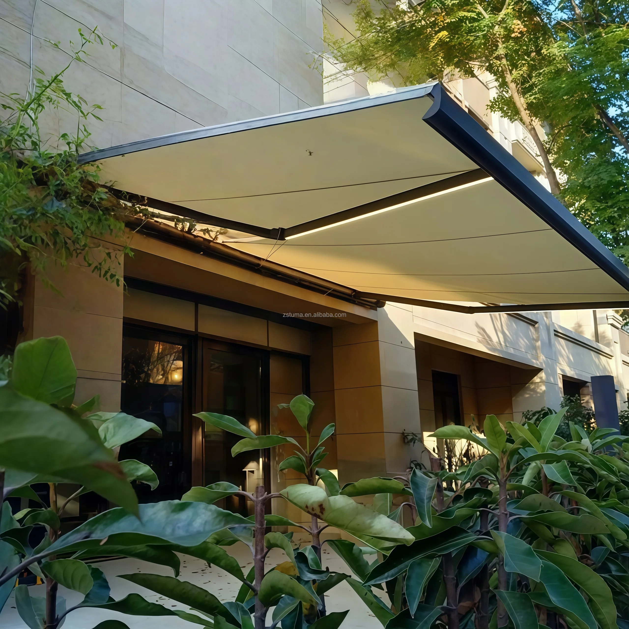 Electric Full Box Awning Aluminum Frame Waterproof Fabric Retractable Shed Canopy Curved Arm With Light Strip