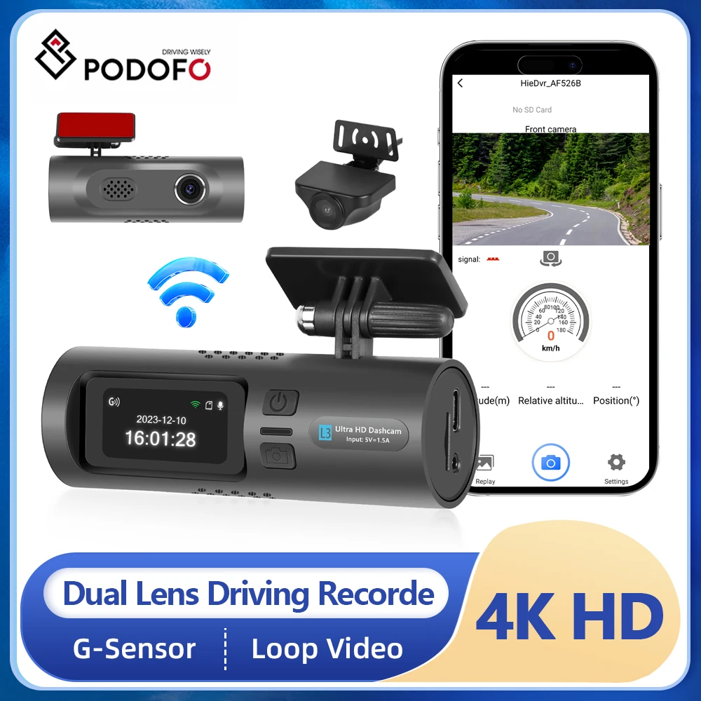 

Podofo Dash Cam 4K Ultra-High-Definition Driving Recorder Panoramic Night Vision Wiring-Free Front and Rear Dual Lenses Car DVR