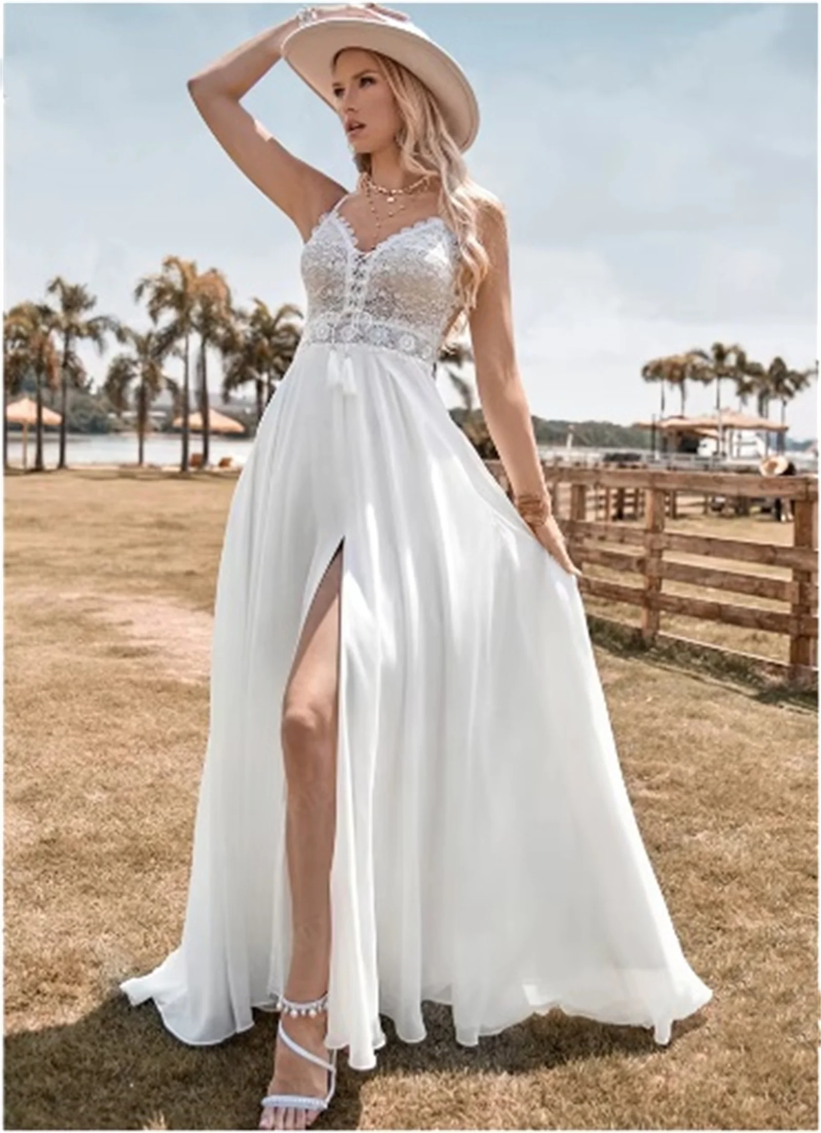 

Lace Applique V Neck A Line Wedding Gown Chiffon Backless Long Prom Dress Beach Vestidos De Novia High Side Slit For Women