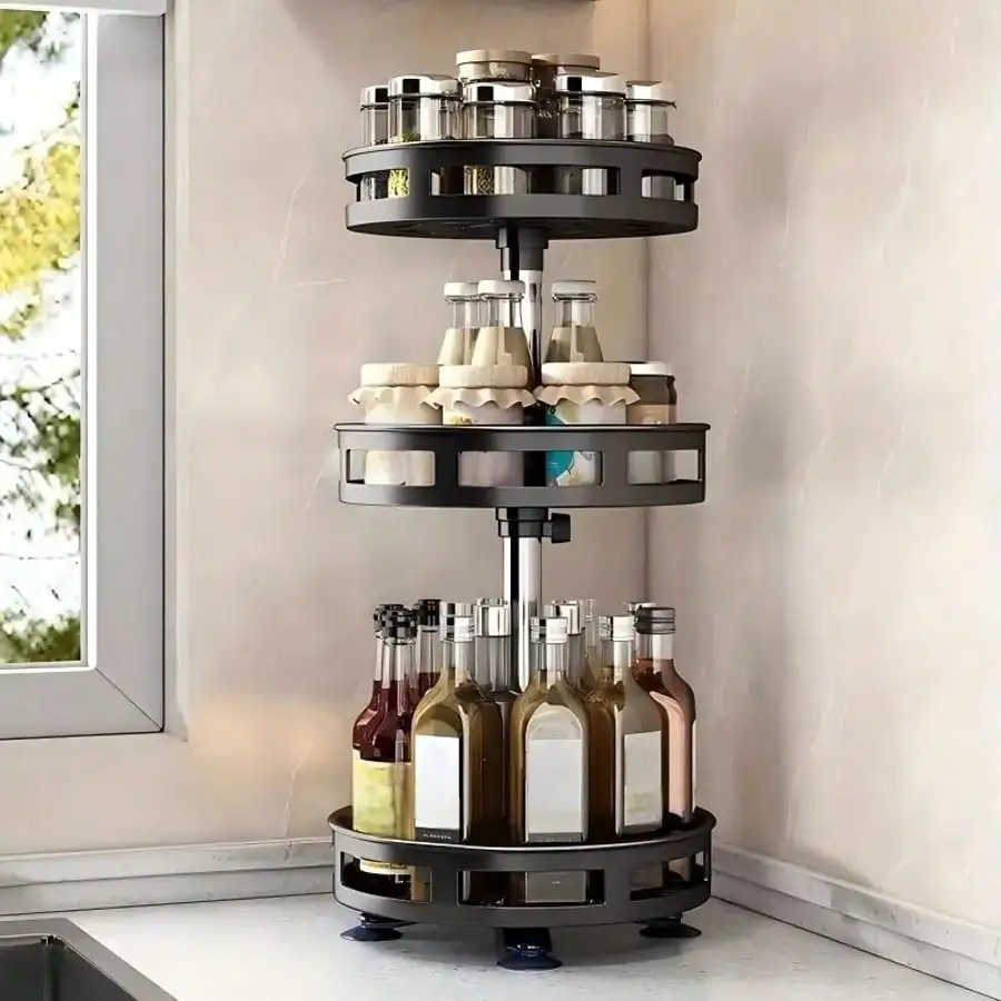 2/3-Tier Rotating Kitchen Storage Rack – Metal & Plastic Floor-Standing