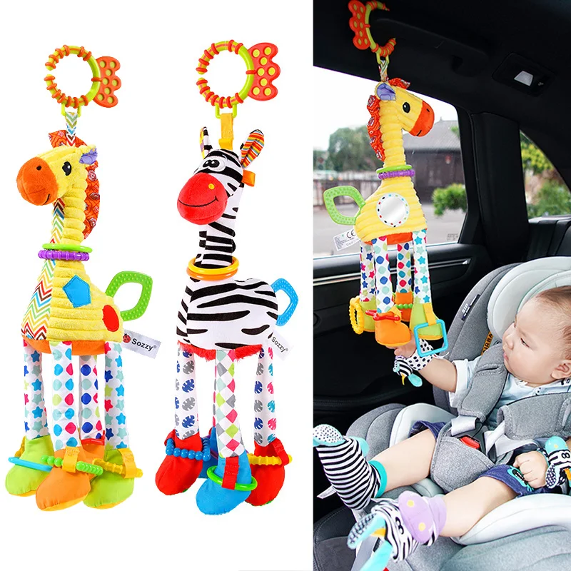 Jouet suspendu en peluche girafe/zèbre pour bébé - Jouet d'activité pour siège auto et poussette avec hochets et anneaux de dentition, jouet sensoriel pour nouveau-nés