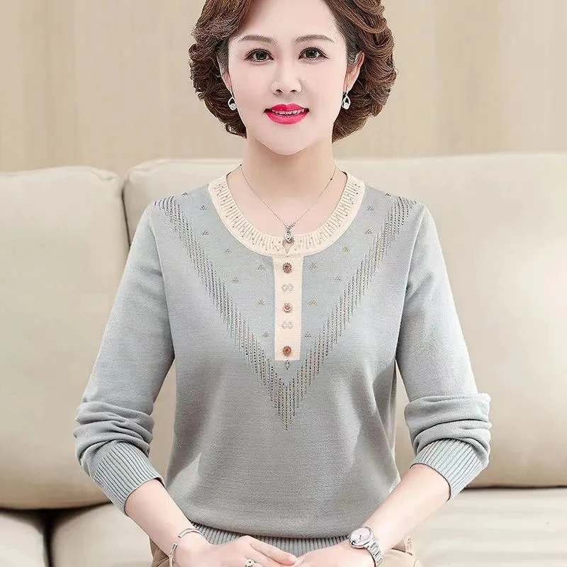 Middle Aged Elderly People Round Neck Pullover Knitted Sweater Tops Mom's Costume Loose Solid Color Pullover Knit Sweater Jacket