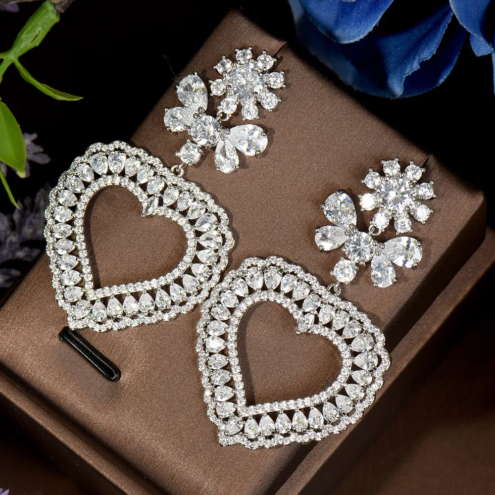 

HIBRIDE High Quality Pink Cubic Zircon Pave Heart Pendant Earring For Women Wedding Party Drop Earrings aretes de mujer E-610