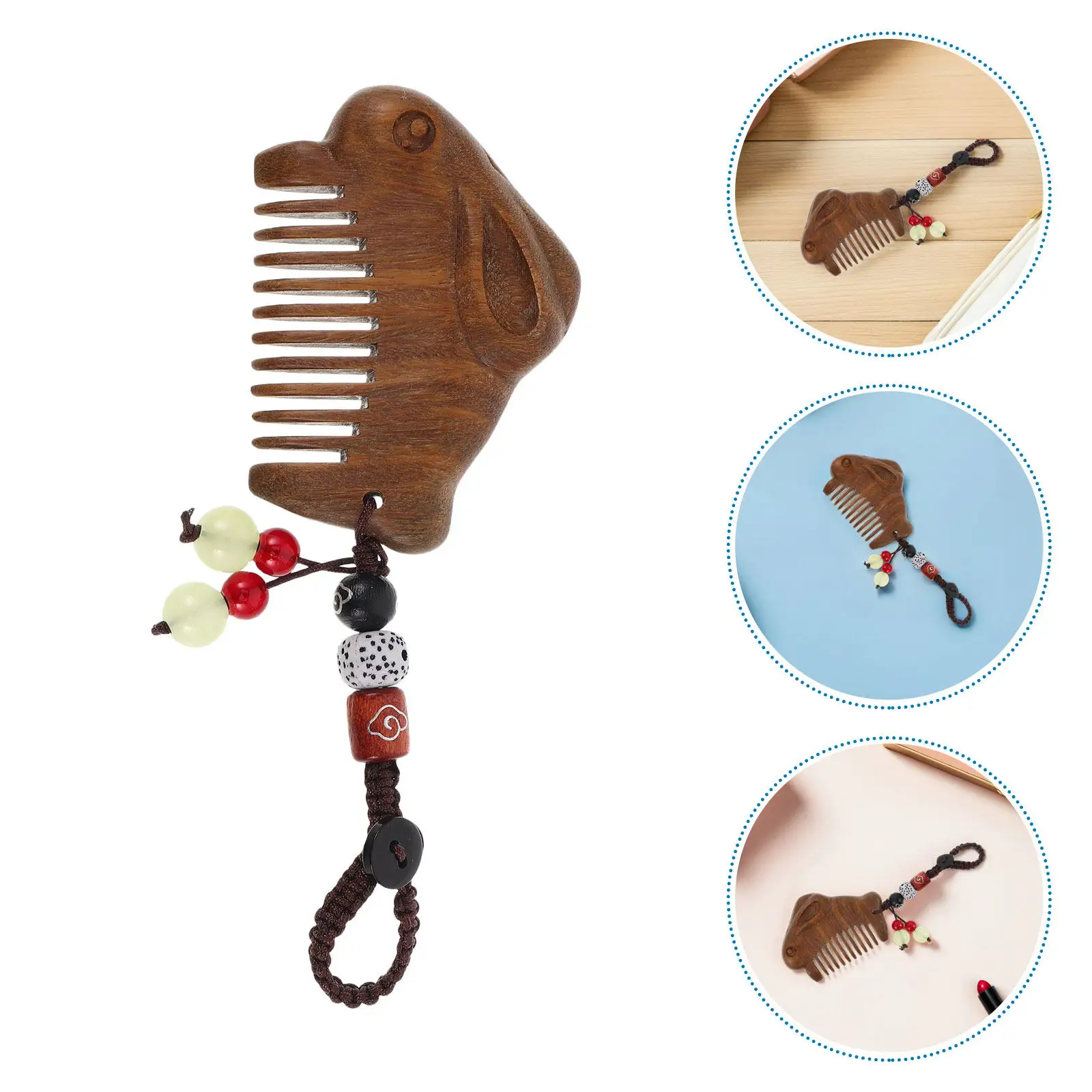 2Pcs Vintage Sandalwood Pocket Comb Carved Lotus Keychain Portable Travel Size Wood Hair Detangling Massage Comb for Men Women