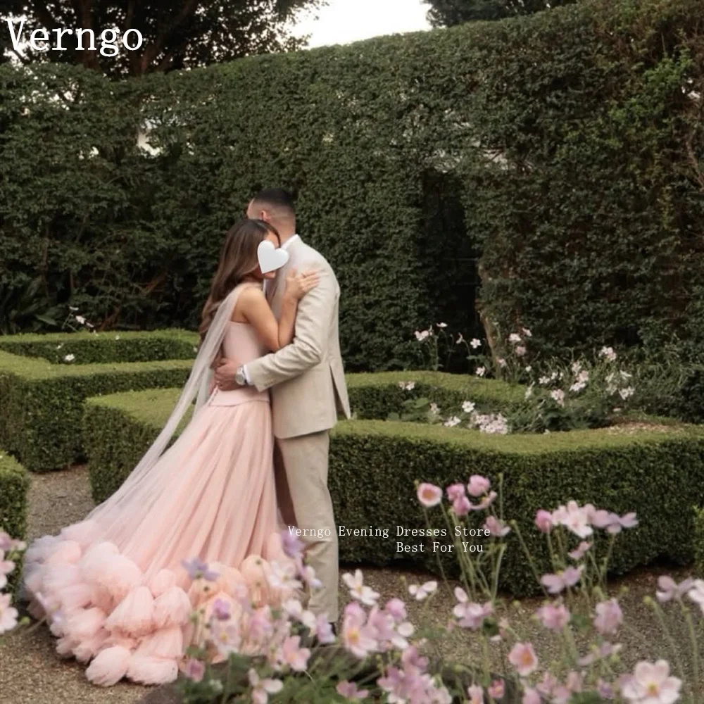 

Verngo Luxury Pink Tulle Evening Dress A Line Strapless Prom Gowns Ball Sweep Train Prom Dresses Gala 2026 Customized