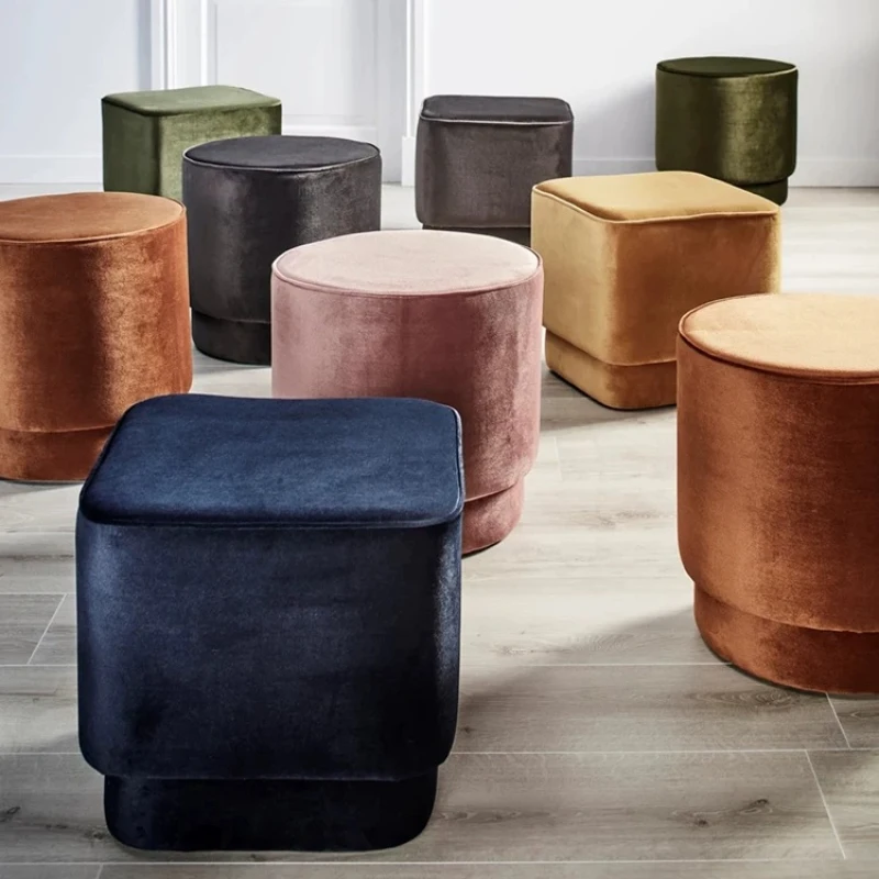 Nordic Fabric Shoe Changing Stool Minimalist Round Ottoman Soft Padded Foot Rest Stool European Style Living Room Sofa Footstool