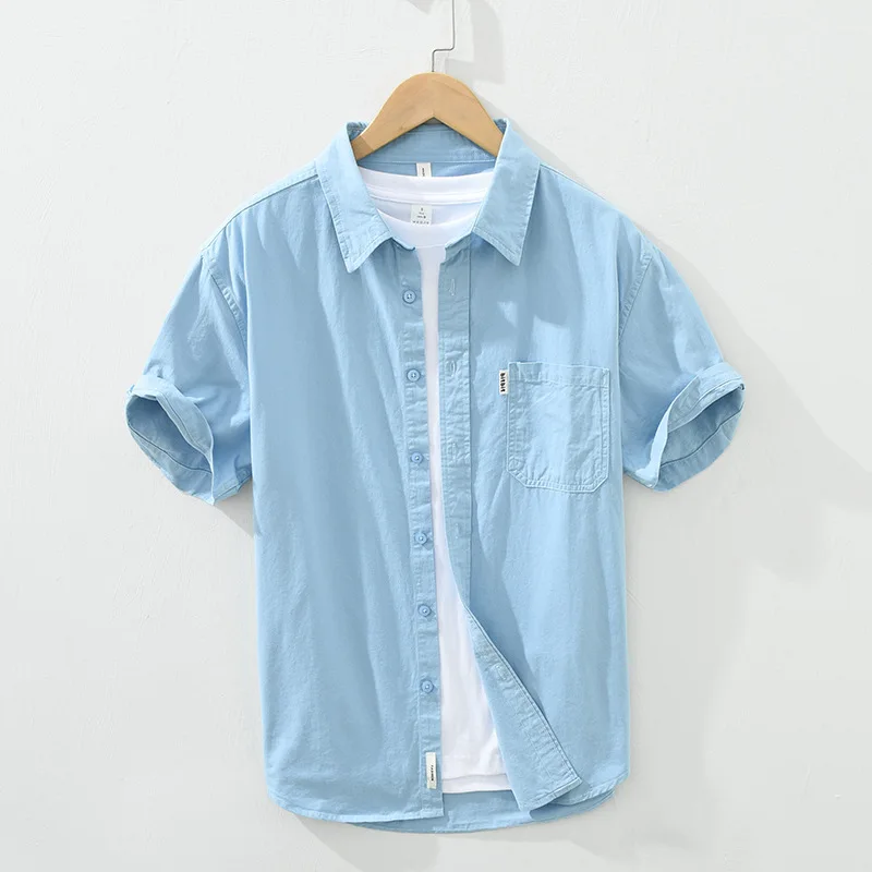 Mens Button Up Shirt Short Sleeve Pure Cotton Turn-down Collar Casual Shirts Male Solid Regular Summer New Korean Clothes