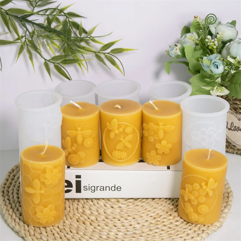 Moule à bougie en Silicone nid d'abeille, bricolage, colonne cylindrique, motifs de fleurs d'abeille, bougies en gypse, décoration de maison sur le thème de la Nature