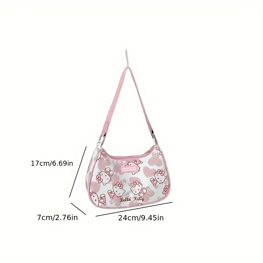 Mesuca Cartoon Printed Hobo Shoulder Bag Pink Heart Pattern Women Casual Handbag Adjustable Strap Daily Use Single Shoulder Bag