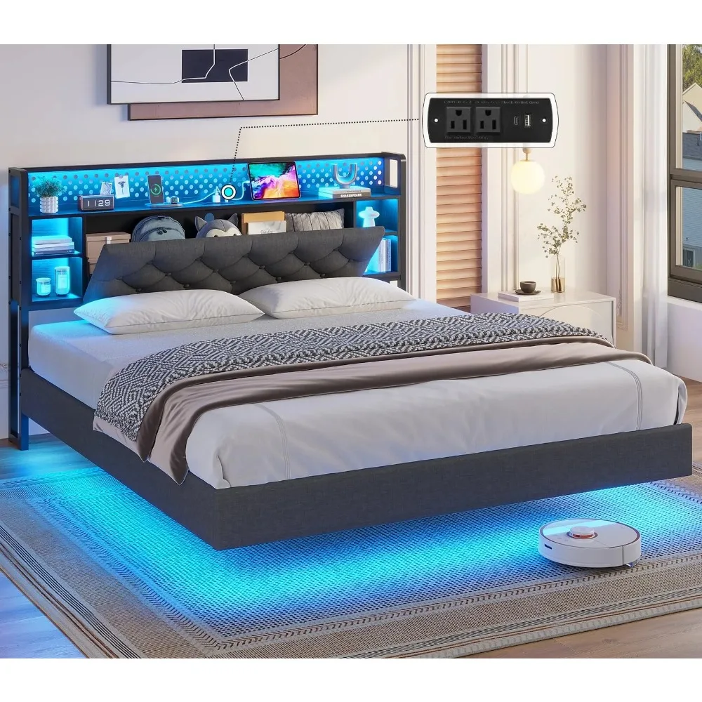 Floating Bed Frame Full Size with LED Lights Headboard, Floating LED Bed Frame with Hidden Storage and USB Port Charing Station