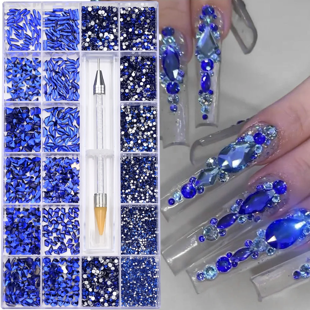 

20Grid Luxury Blue Nail Rhinestones Kit with Pick Up Pen Flatback Glass Crystal Stones Irregular Shape Manicure Decora Nail Gems