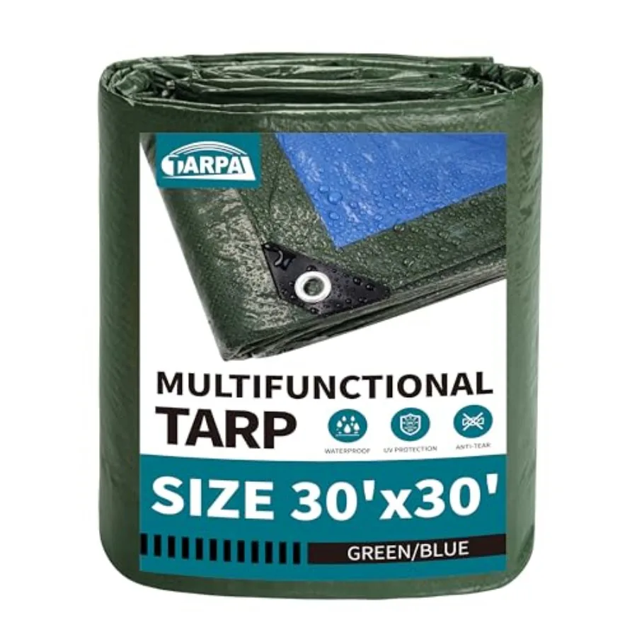 Lona verde de 30x30 pies, cubierta protectora múltiple impermeable, cubierta de lona de polietileno para exteriores, impermeabilización del techo de la piscina