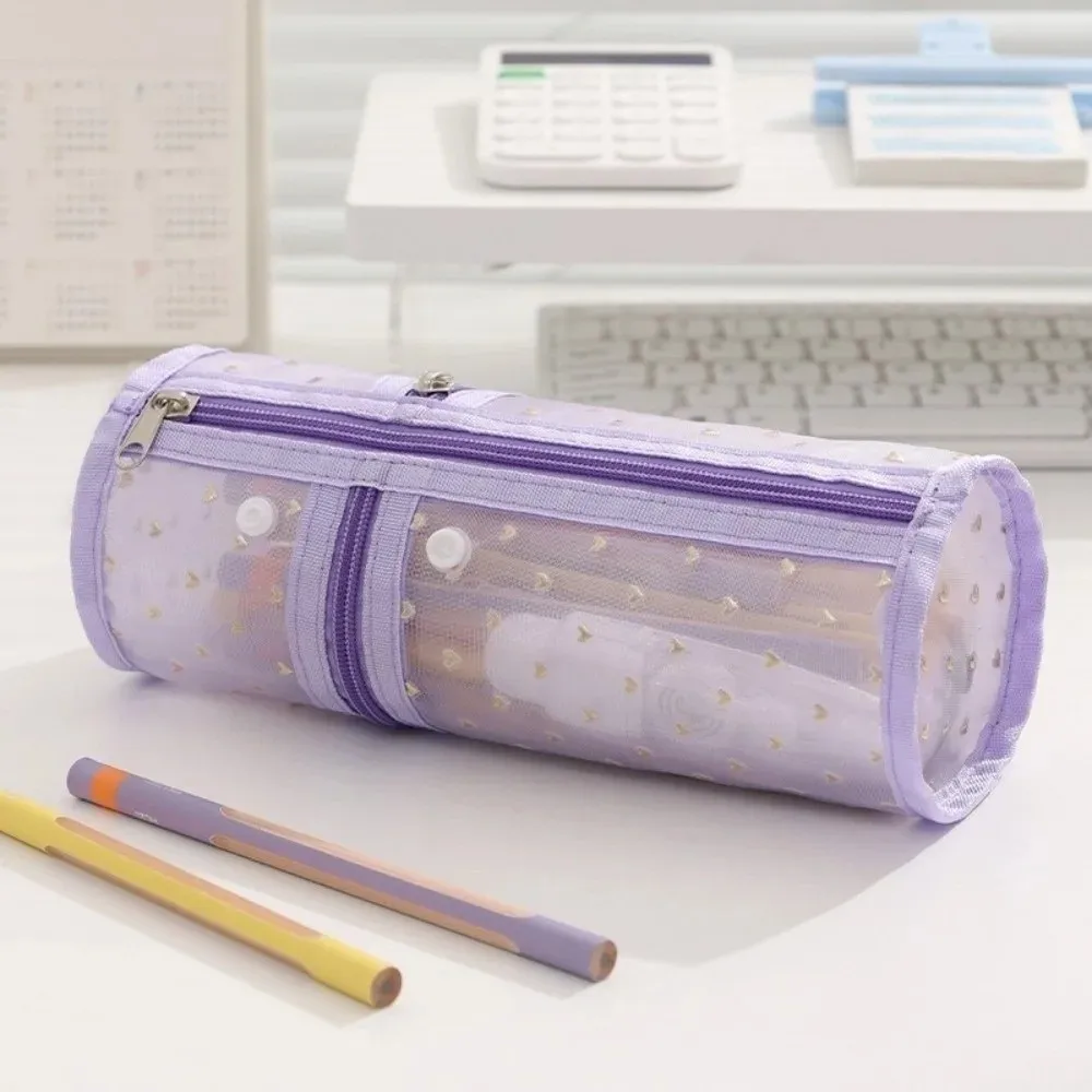 

Прозрачная сетчатая сумка для хранения в форме сердца, многофункциональный сетчатый пенал, цилиндрической формы, в корейском стиле, сетчатая косметичка для студентов