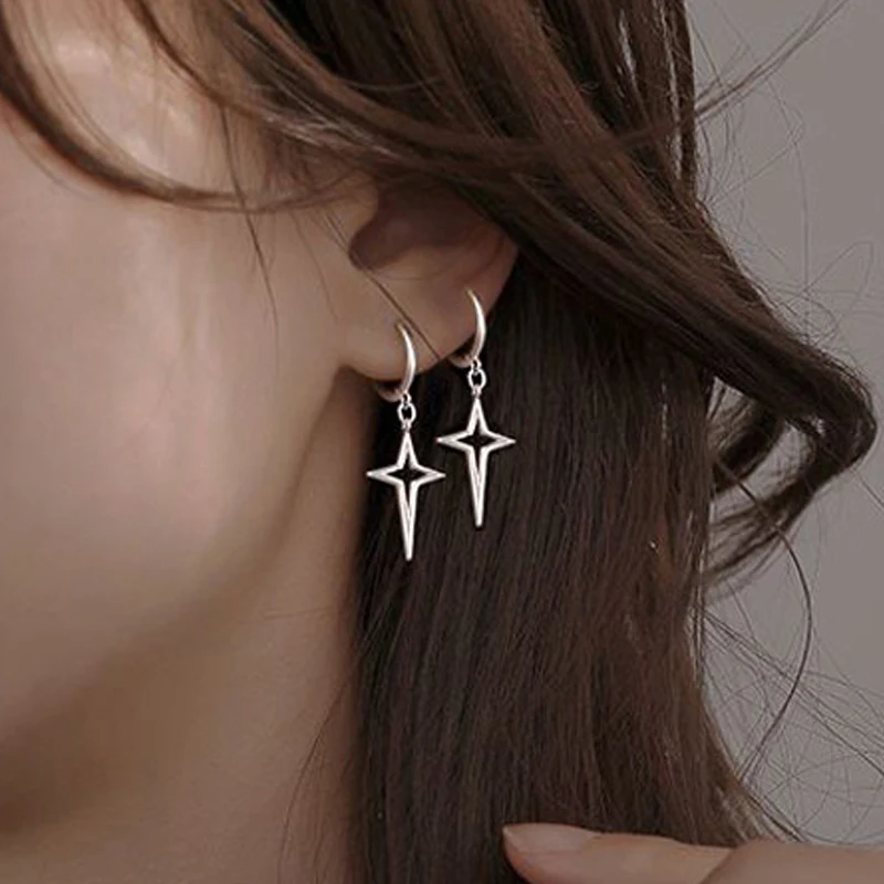 Punk Metal Hollow Star Dangle Earrings for Women Silver Color Vintage Cross Drop Earrings Trendy Statement Loop Jewelry Gift