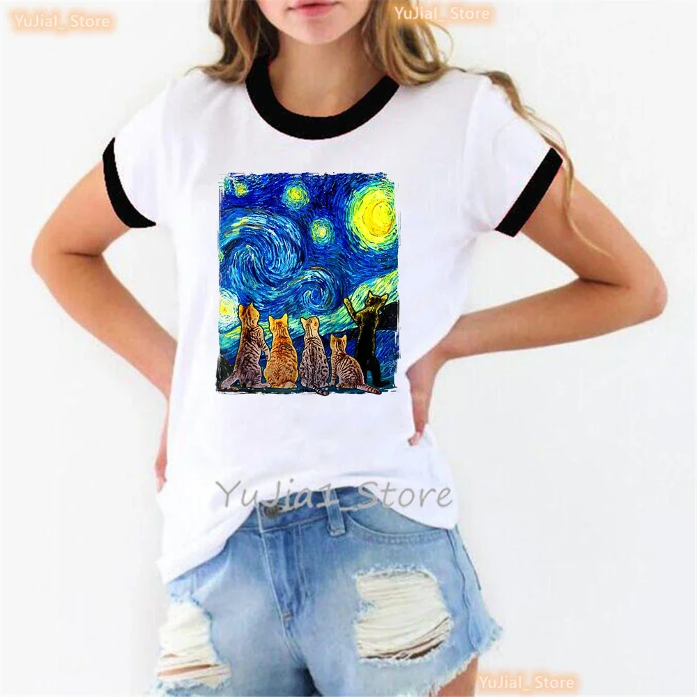 Watercolor Starry Night Cat Animal Print T Shirt Women Clothes 2024 Funny White Tshirt Femme Harajuku Shirt Baseball Tops Tee