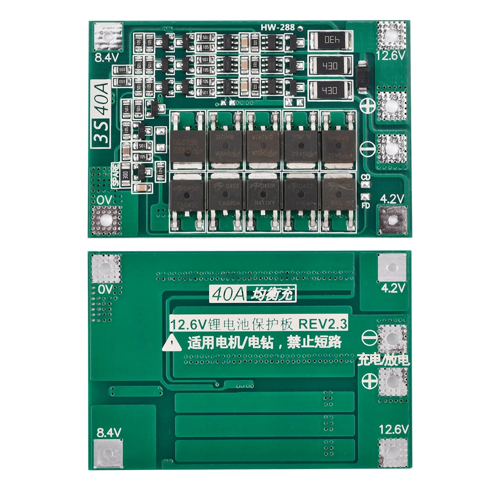 Lithium Battery Protection Board 3S 12V 40A PCB Module with Balanced Charging for 18650 26650 Polymer Batteries