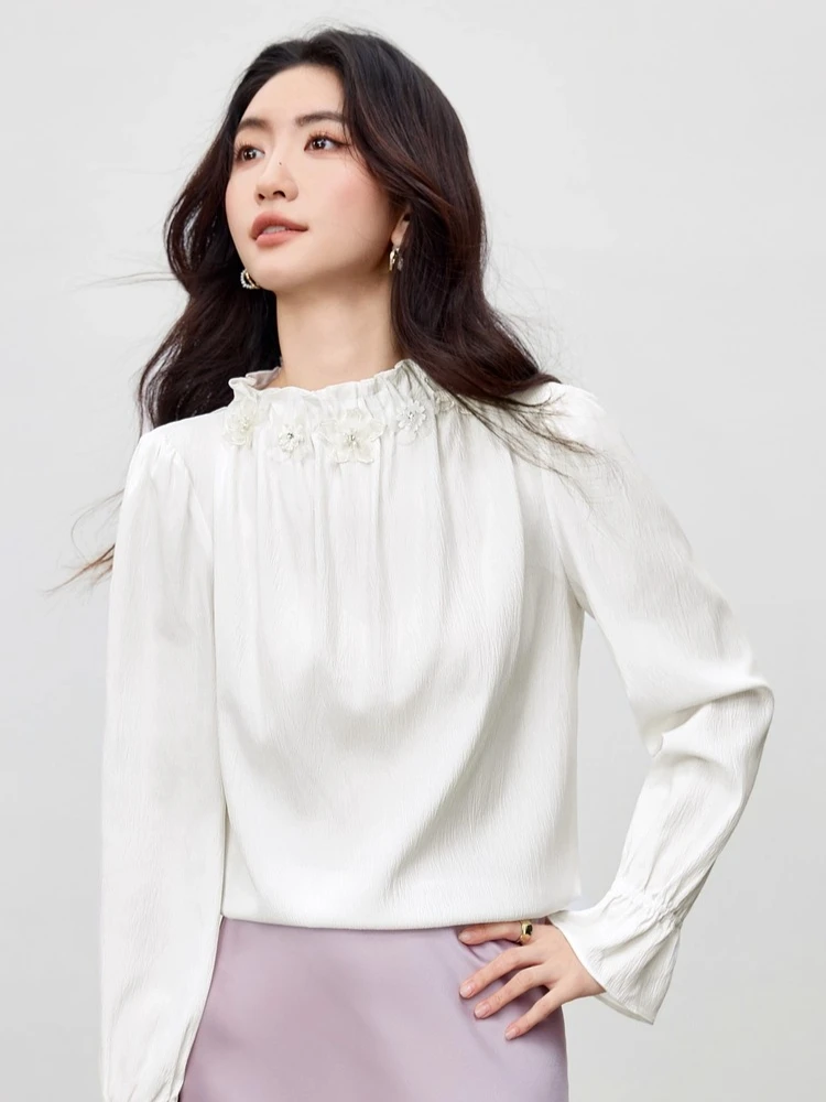 SENTUBILA เสื้อสตรีสีขาวแขนยาวปักบานเสื้อคอปกเสื้อสง่างามดีไซเนอร์เสื้อผ้าผู้หญิง 153CA3079