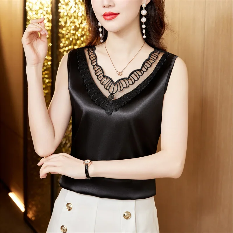 

Satin Women Blouse Tank Tops Sleeveless V-Neck Lace Blouses for Women Fashion 2023 Office Lady Silk Shirts Solid Women Clothing