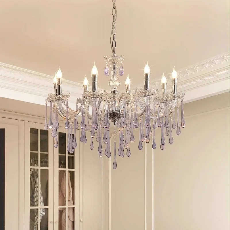 French Ceiling LED Crystal Chandelier Home Decoration Living Room Bedroom Dining Room Purple Water