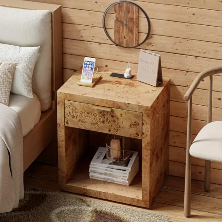 

Burl Finish Nightstand with Charging Station Modern Wood Bedside Table with Drawer and Open Shelf Storage Fully Assembled End T