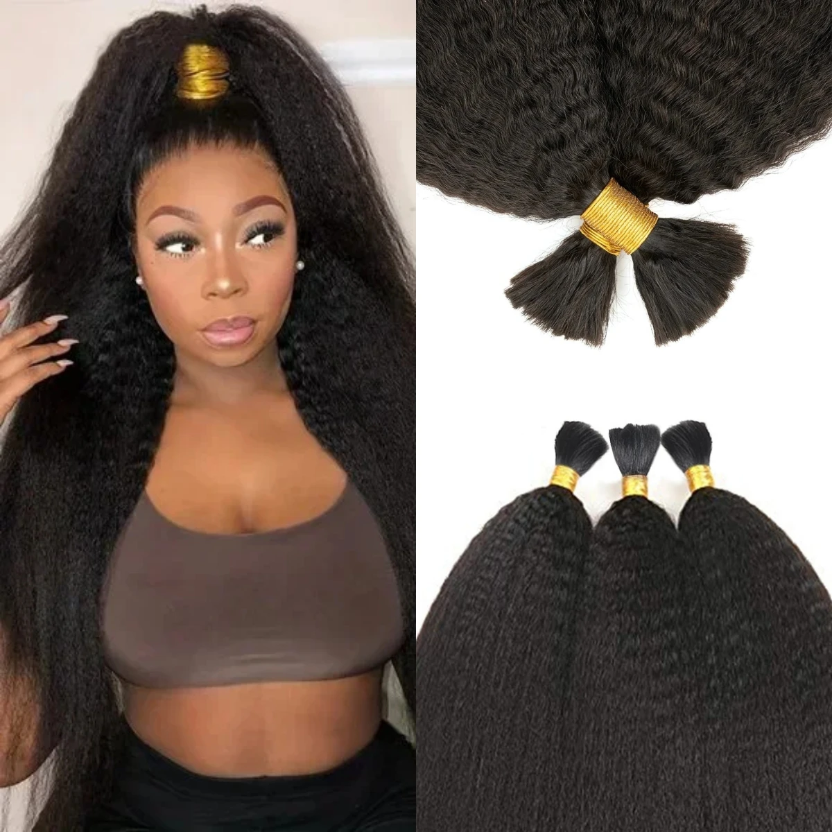 

Kinky Straight Human Braiding Hair Bundles No Weft Yaki Straight Bulk Hair For Braiding 100% Unprocessed Human Hair Extensions