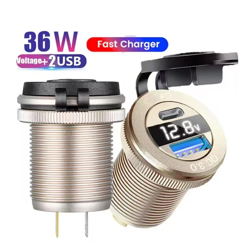 USB C Car Charger Socket 12V/24V Dual USB Socket PD3.0 and QC3.0 Car USB Port With LED Voltmeter and On/Off Switch