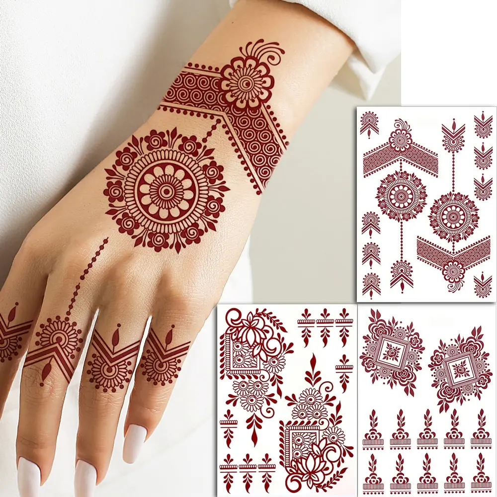 Waterproof Henna Tattoo Stickers for Women Flower Instant Fake Tattoo for Hand Temporary Tattoos for Wedding Party Festival