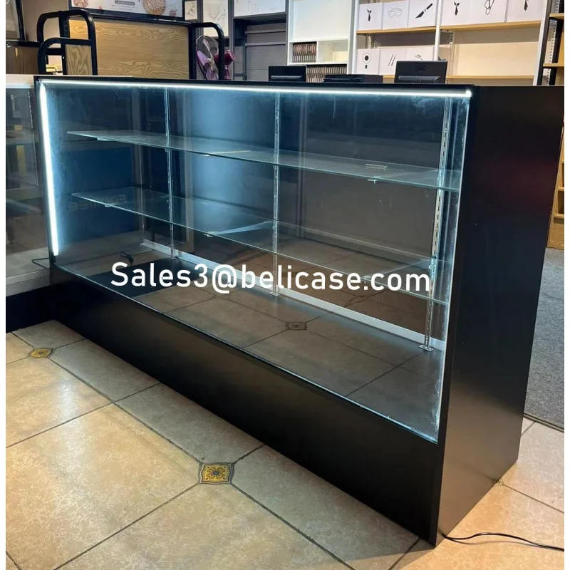 Custom, wooden tempered glass retail shop display shop display furniture LED light sliding smoke shop showcase counter