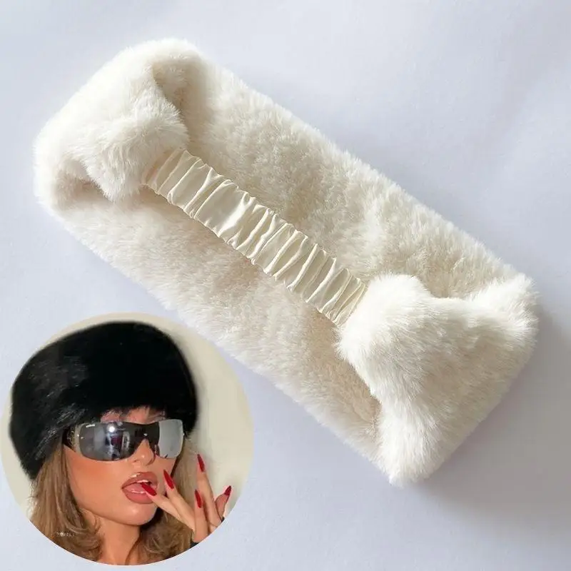 

HOT! Fashion Women Wide Edge Rabbit Fur Headband Solid Color Elastic Plush Hair Band Soft Warm Ear Protection Hair Accessories