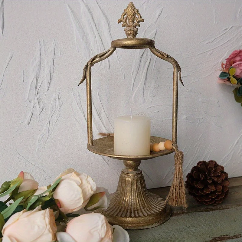 European Style Metal Candle Holder with Tray Elegant Tabletop Decor for Weddings, Golden Ornate Candle Holder Decor