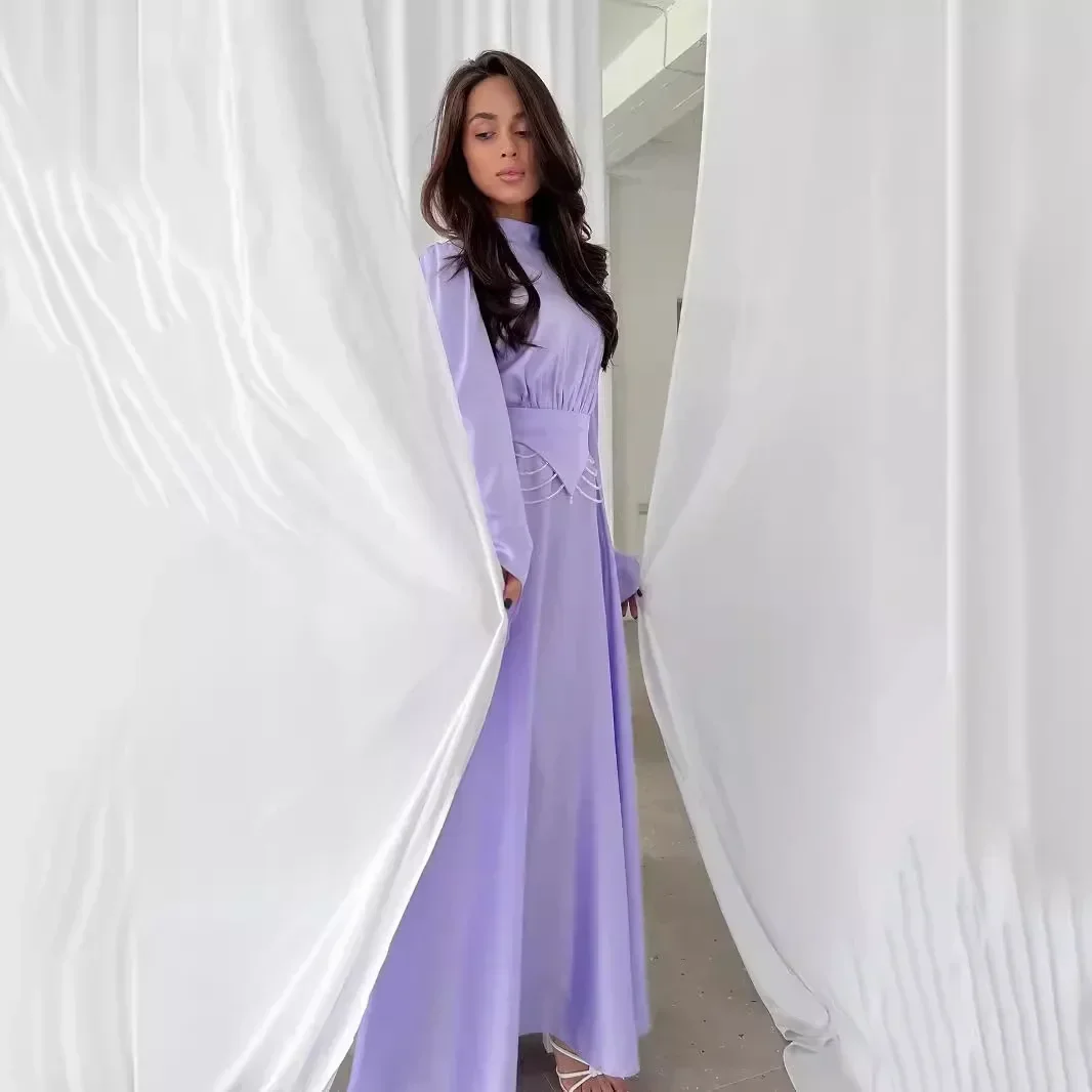 Elegante senhora cetim vestido longo meia gola alta alargamento mangas festa bodycon vestido streetwear sólido magro vestidos de noite para mulher