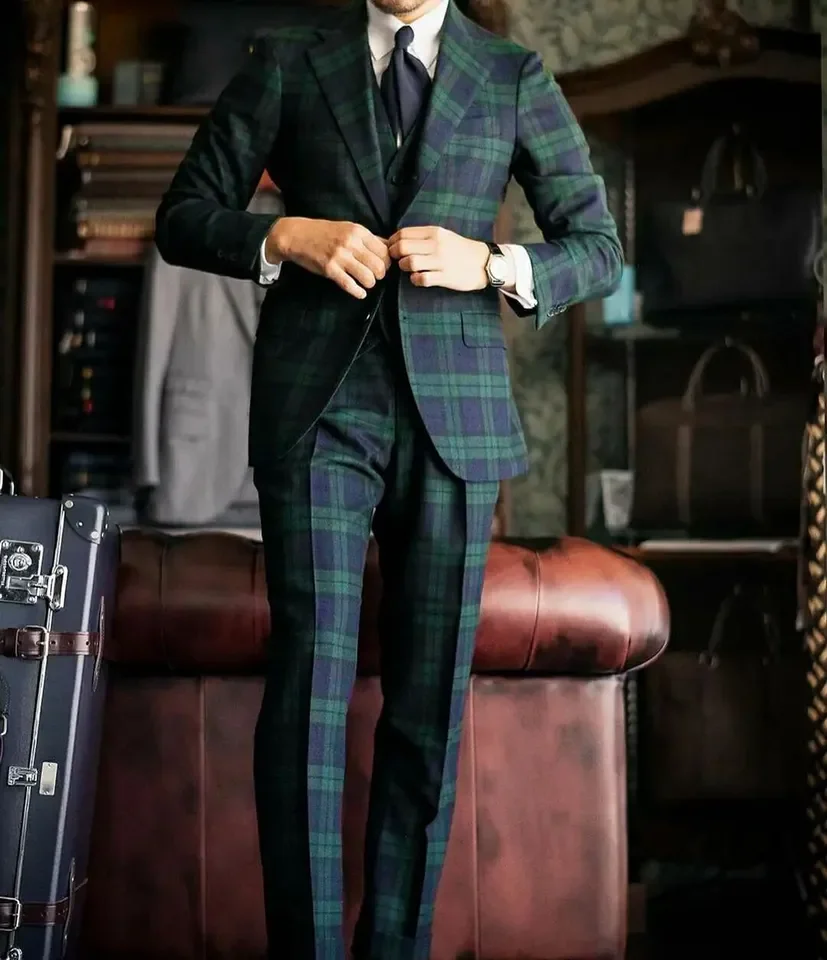 Casual uomo vestito scialle bavero Plaid sposo indossare abiti da sposa bottoni singoli occasione formale Blazer pantalone gilet MZ9