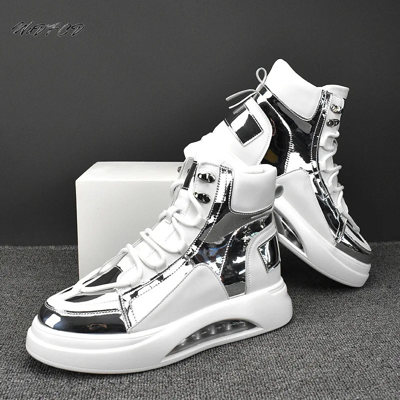 

High Top Sneakers Casual Men Fashion Microfiber Leather Upper Increased Internal Platform Board Shoes Air Cushion White Shoes