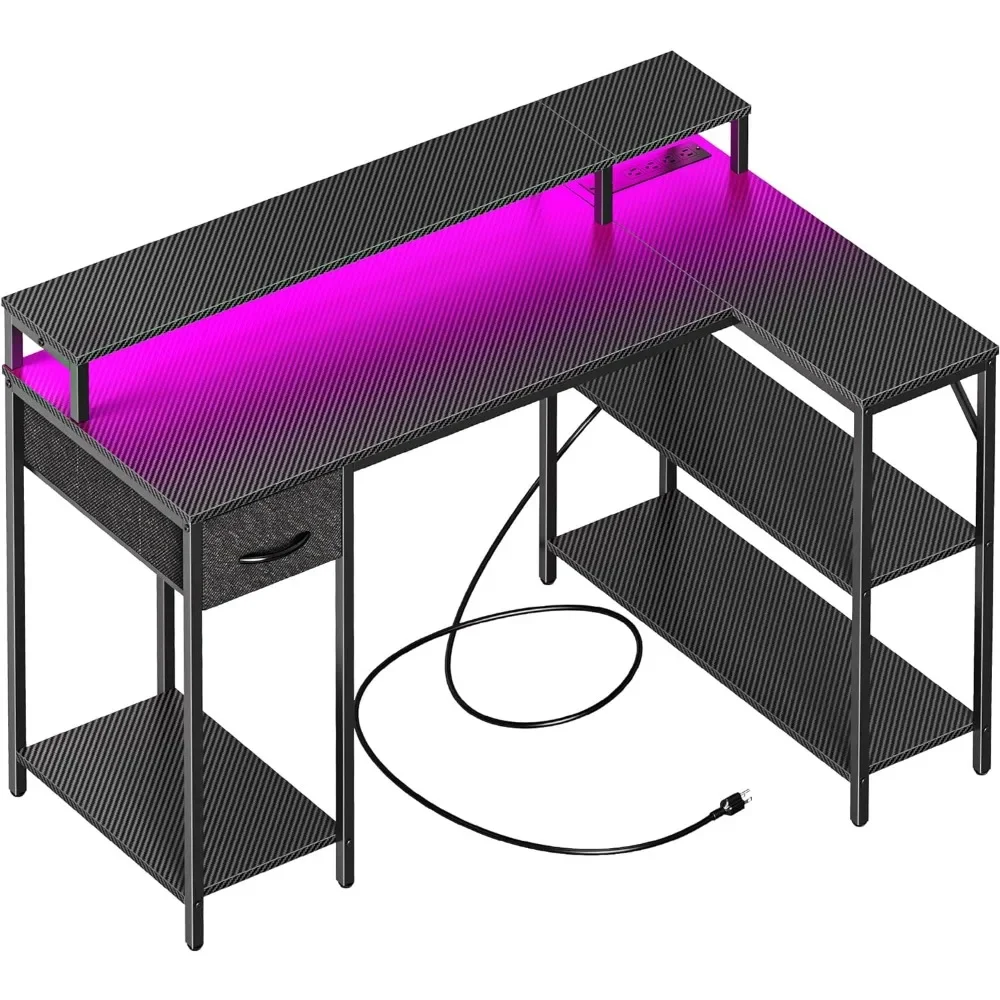 L Shaped Gaming Desk with LED Lights & Power Outlets, Reversible Computer Desk with Shelves & Drawer, Corner Desk Home