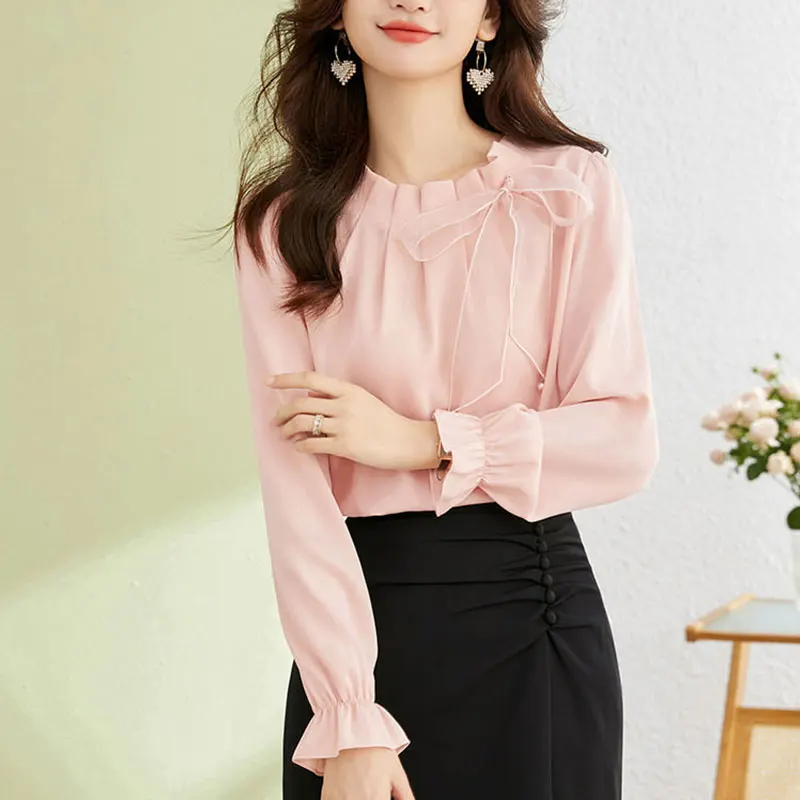 Women\'s Spring Fashion Simplicity Solid Color O-neck Long Sleeve Chiffon Shirts Women Clothes Casual All-match Temperament Tops