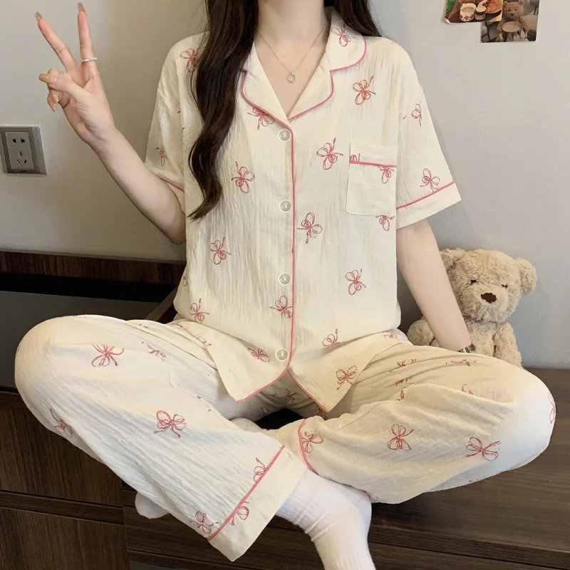 French-Style Sweet Bow Pajamas for Women: Summer Short-Sleeve Long-Pants Set with Cloud-Print, Soft and Cozy Cotton Loungewear