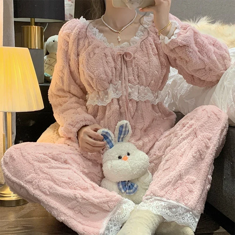 

Winter Plush Soft Warm Women's Pajamas Sleep Lace Long Sleeve 2 Piece Outfit Set Women Sweet Solid Color Princess Home Wear