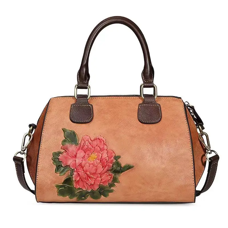 Floral Ladies Genuine Leather Tote Bag Vintage Female Shoulder Bags 2024 New Handmade Cow Leather Woman Handbag